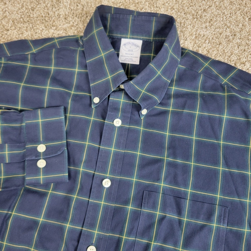 Brooks Brothers Regent Mens Large Navy Plaid Check Button Down Long Sleeve